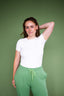 MILLO model posing in LANA t-shirt in the shade Almond Milk White.