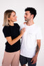 Two models standing next to each other, on the left - Dita wearing LANSY t-shirt and on the right - Dominik wearing MANON.