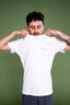 Model posing in MANON t-shirt.